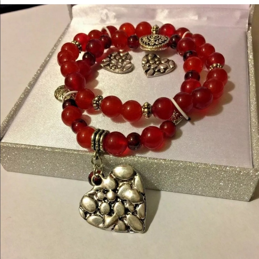 Red Beaded Heart Jewelry Ladies Gift Set Bracelet Earrings
